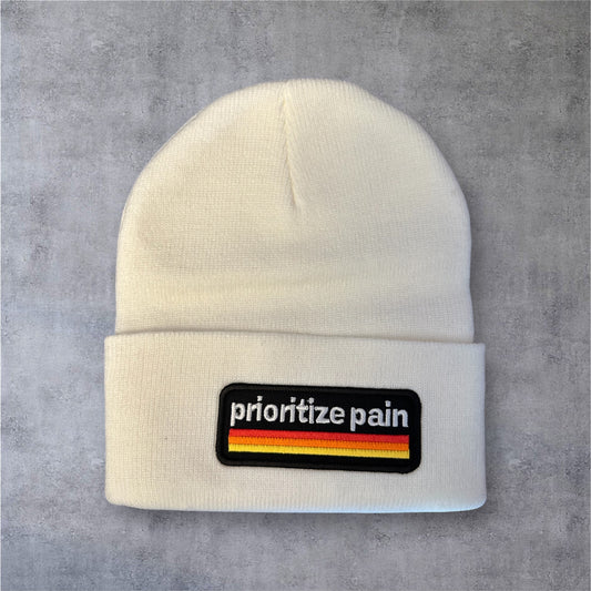 Knit Beanie - RETRO - Embroidered Patch - White