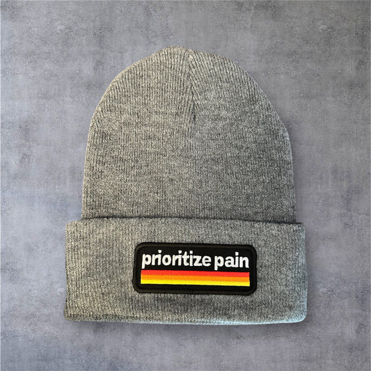 Knit Beanie - RETRO - Embroidered Patch - Grey